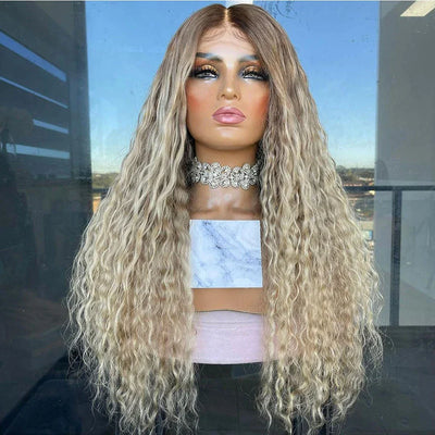 Ashy Blonde Ombre Curly Human Hair Wig Dark Roots 13x4/13x6 Lace Front Wig for Women 200% Long Kinky Curly Wig Remy Hair 30"