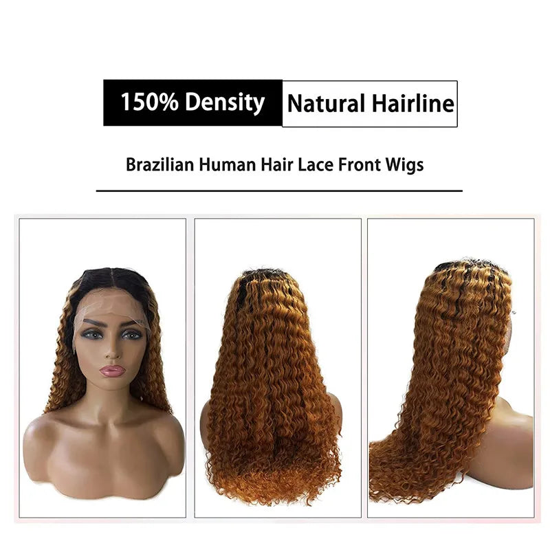 Highlight Curly Wigs T Part Lace Frontal Wigs Human Hair Wig Brown Ombre Lace Front Wig Brazilian Kinky Deep Wave Long Wavy