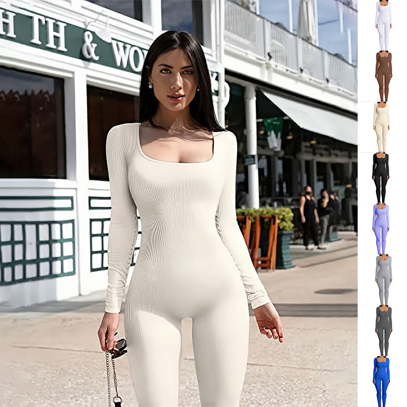 Workout Long Sleeve Square Collar Jumpsuit